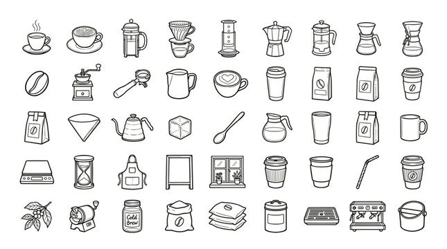 Collection of Stylized Coffee Making Tools and Beverage Containers
