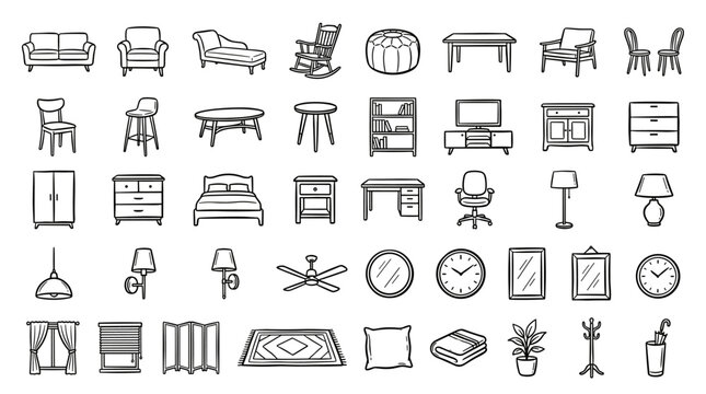 Comprehensive collection of hand-drawn furnishing and home accessory icons style