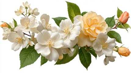 Naklejka premium Beautiful Floral Arrangement Featuring Delicate White Jasmine, Creamy Roses, and Fresh Green Leaves in a Soft and Elegant Design for Nature Lovers
