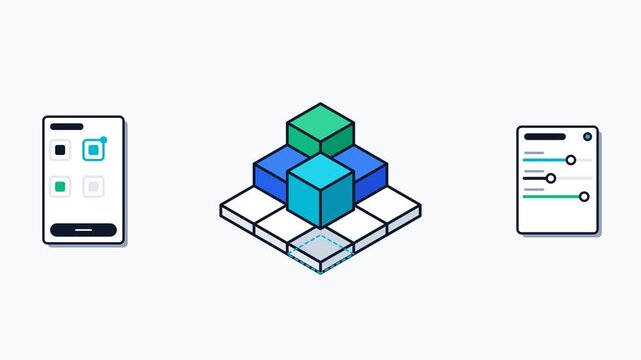 Isometric 3D block builder interface with customization sliders and mobile app UI controls.