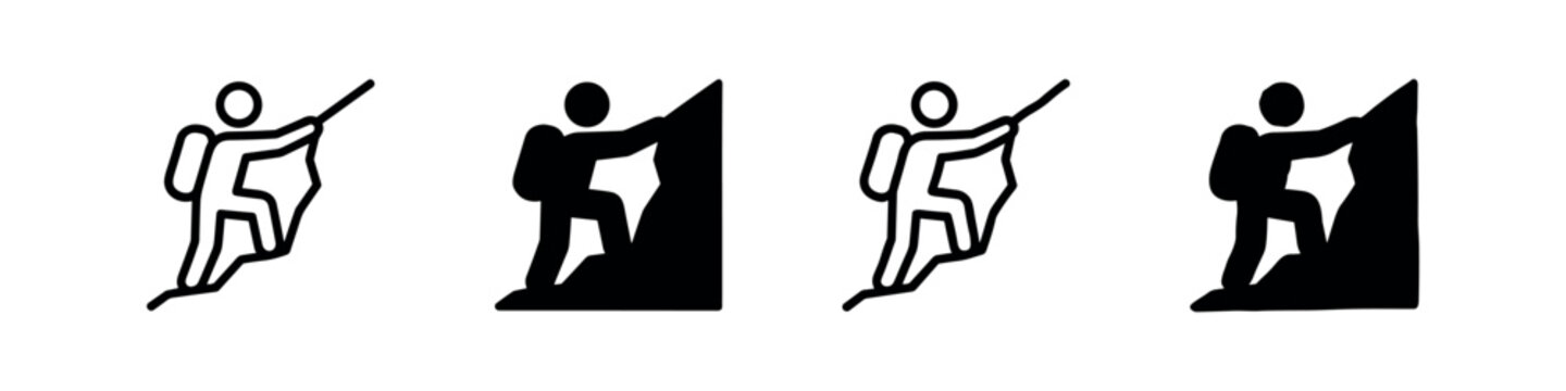 Climbing Icons: Hiker on Mountain - Outline and Silhouette