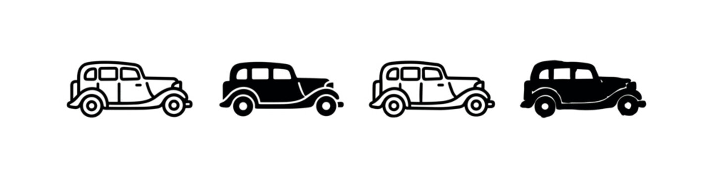 Vintage Car Icons: Retro Automobile - Outline and Silhouette