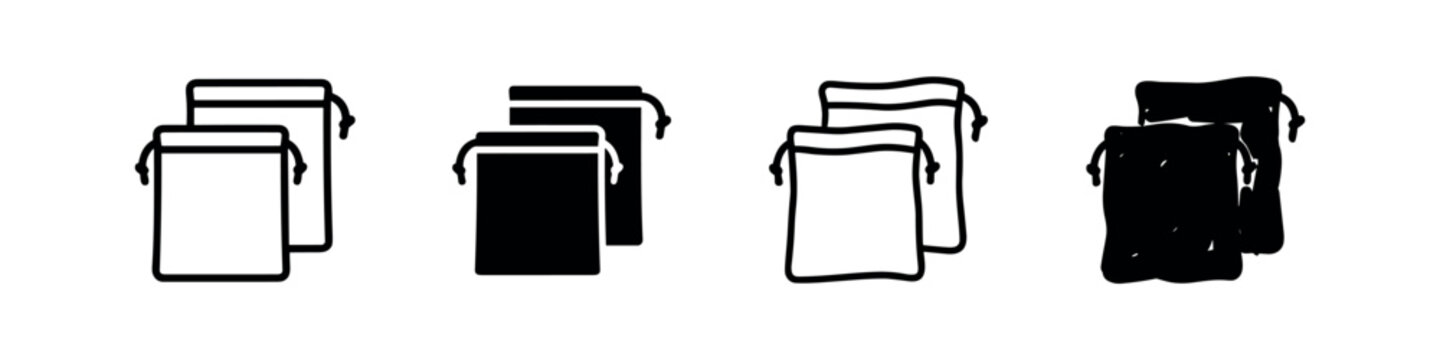 Drawstring Bag Icons: Pouch, Storage, Travel - Outline and Silhouette
