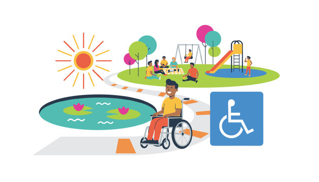 Wheelchair user on a park path near a playground and pond with an accessibility sign for inclusive public space and community design.