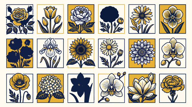 Collection of various flower icons in different styles and colors.