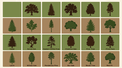 Naklejka premium Collection of various tree types in green and brown squares.