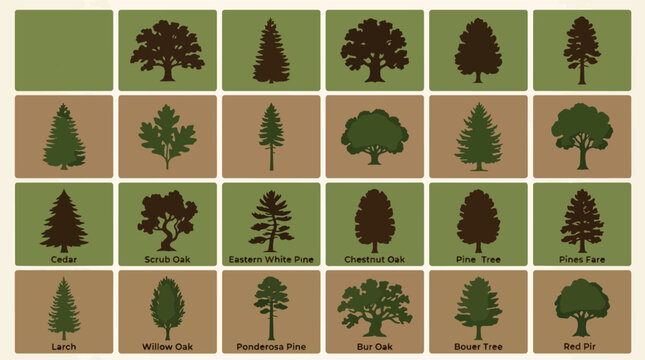 Collection of various tree types in green and brown squares.