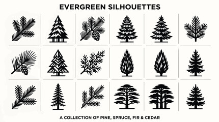 Obraz premium Collection of silhouette icons representing various evergreen trees and branches.