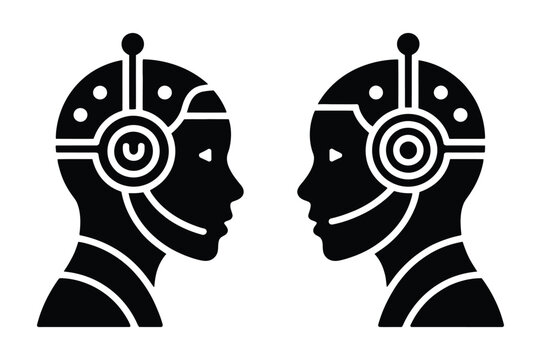 Profile of two robot heads with headsets in black silhouette style, technology
