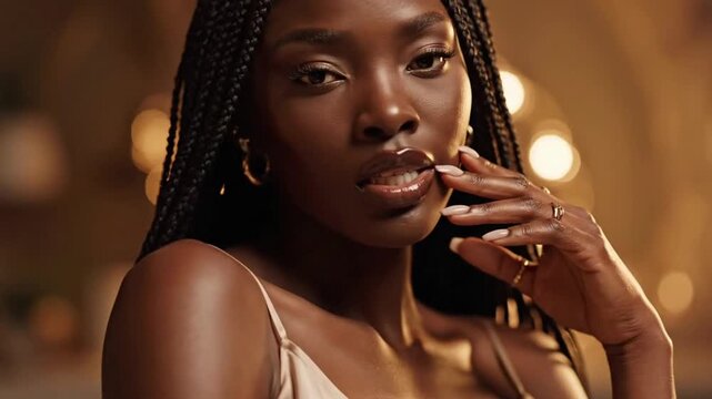Woman bites lip and stares with desire in softly lit room during evening setting