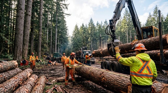 Professional loggers measuring and loading timber in a dense forest using heavy machinery