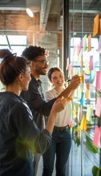 Diverse team collaborating on project using colorful sticky notes