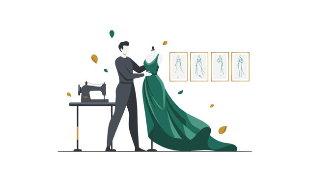Professional tailor in dark attire adjusts an emerald silk gown on a display stand near metal equipment inside a sewing room studio.