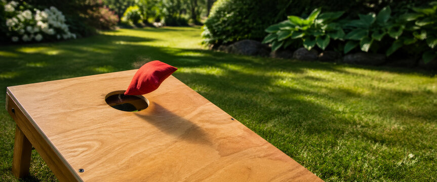 Red bean bag flying towards hole in cornhole board