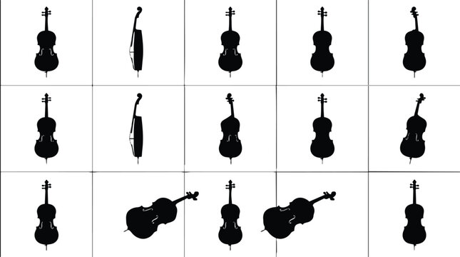 Multiple black silhouettes of violins and cellos in various orientations.