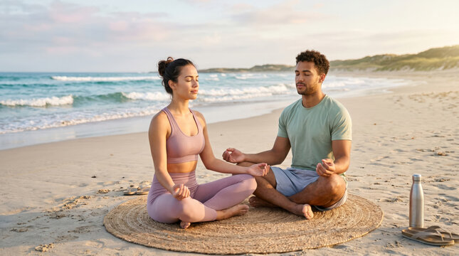 Couple practicing meditation together on the beach during sunset near the ocean