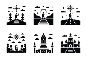 Naklejka premium Set of adventure hiking and outdoor travel destination vector silhouette icons