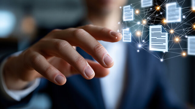 A close up of a European hand touches softly a glowing knowledge base document network in a moody office knowledge base faceless detail softly defocused backdrop dark office