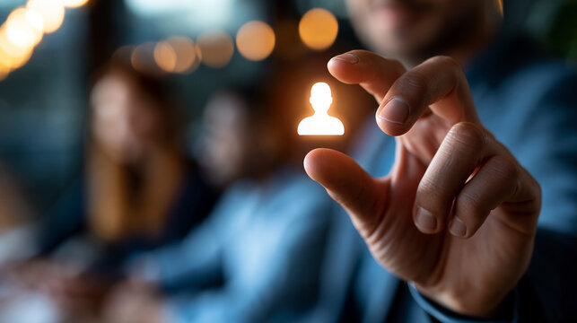 A close up of a European hand selects softly a glowing candidate profile for recruitment in a moody office recruitment concept faceless detail softly defocused backdrop dark