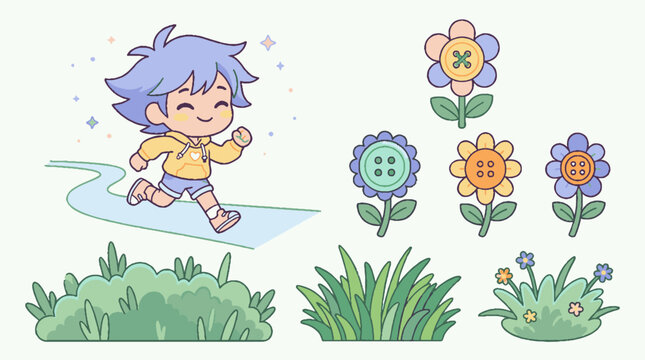 Cute cartoon boy running on path with colorful button flowers and green grass vector set.