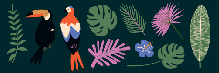 Obraz premium Vector of tropical birds and leaves with vibrant colors on a dark background.