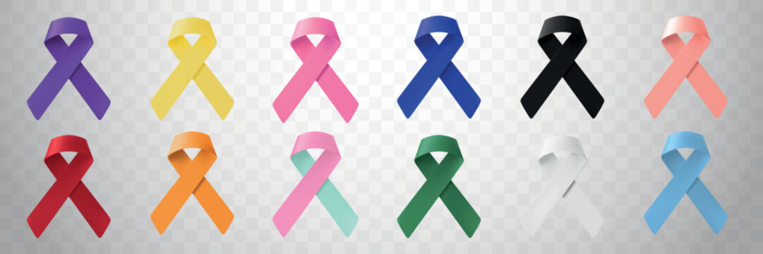Vector set of colorful awareness ribbons on a transparent background.