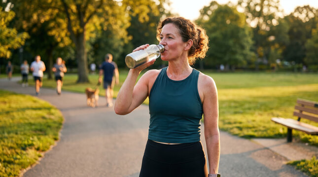Woman drinks water while exercising in a park with people running and a dog in the evening light