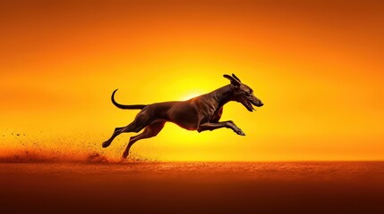 Fototapeta premium Majestic Greyhound Running at Sunset Against a Stunning Orange Sky with Dust and Motion Blur