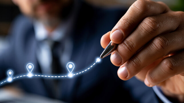 A close up of a European businessman hand draws softly a glowing strategic roadmap with milestone icons in a moody office strategic roadmap faceless detail softly
