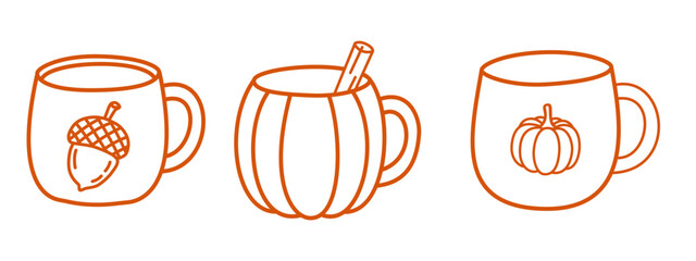Cozy autumn vector illustration set of pumpkin shaped mugs and coffee cups with seasonal acorn decor. © _kholod