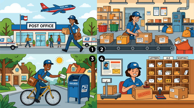 Flat Vector Illustration of Postal Service Process: Post Office, Mail Sorting, Delivery by Bike and Conveyor Belt