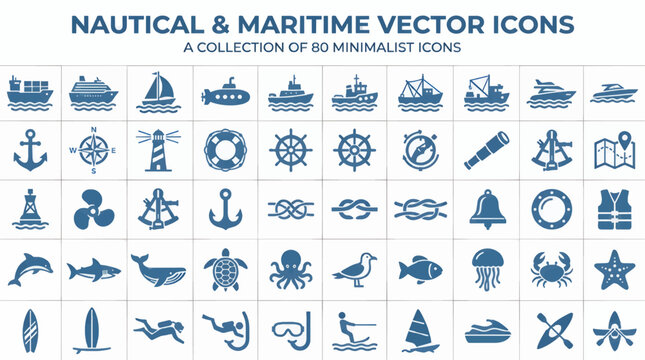 Nautical and Maritime Vector Icons Collection, Flat Design Set of 80 Minimalist Symbols for Sea and Ocean Themes, Including Ships, Marine Life, Navigation Tools and Water Sports