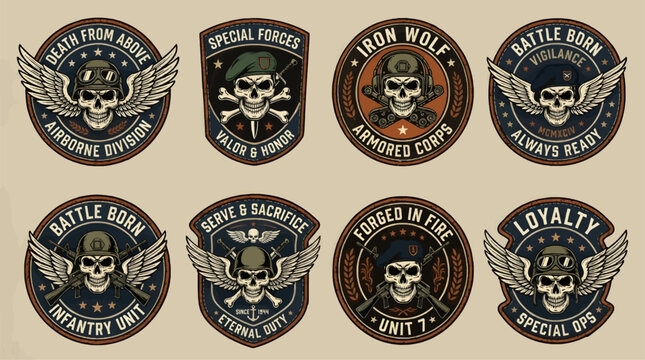 Collection of Vintage Military Skull Emblems with Wings, Helmets, and Weapons, Featuring Phrases like 'Special Forces', 'Airborne Division', and 'Armored Corps', Vector Graphics