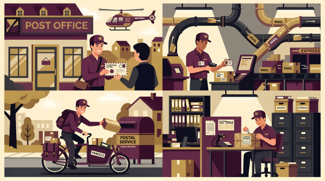 Flat Vector Illustration of Postal Service Operations: Post Office, Mail Delivery, Sorting Hub, and Package Shipping with Mail Carrier and Helicopter