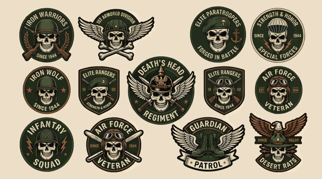 Vintage Military Skull Emblems and Badges Vector Set, Featuring Infantry, Air Force, Special Forces, and Veteran Units with Skull Graphics and Wings, Retro Design