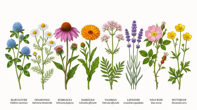 Collection of Medicinal Wild Flowers and Herbs with Scientific Names, Including Blue Clover, Chamomile, Echinacea, Marigold, Valerian, Lavender, Wild Rose, and Buttercup, Vector Illustration
