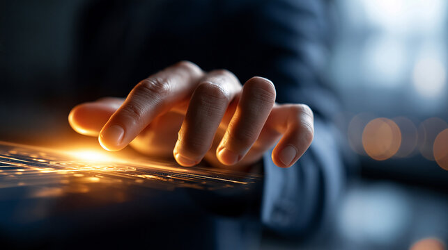 A close up of a European hand touches softly a glowing AI recommendation engine interface in a moody office recommendation engine faceless detail softly defocused backdrop