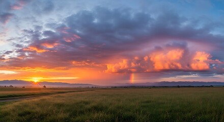 Obraz premium Stunning sunset over a grassy field with a small rainbow