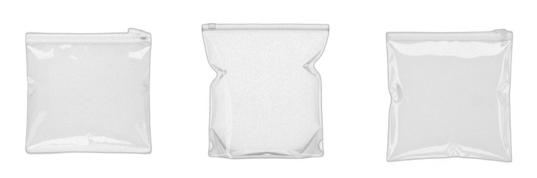 Clear Transparent Plastic Stand Up Pouch Zipper Bag Empty Flexible Packaging Mockup Template Asset Isolated White Background