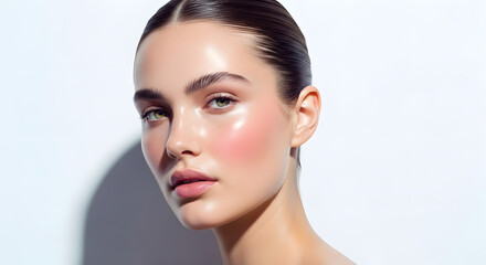 Fototapeta premium Radiant Woman Face with Dewy Skin, Natural Makeup, and Soft Lighting