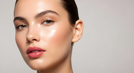 Fototapeta premium Radiant Woman Face Close-up, Glowing Skin, Natural Beauty, Healthy Complexion, Makeup