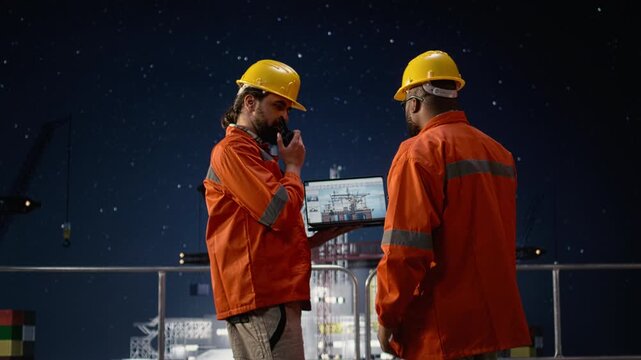 Monitoring malfunctions, laptop software and oil crisis conflict affecting drilling barge logistics while overseeing infrastructure, notebook and offshore rig coworkers, for energy operations.