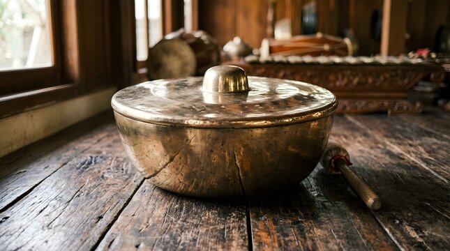 Close-up of a traditional kenong bronze kettle musical instrument from Indonesia resting on a wooden table