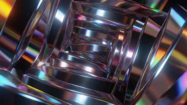 Abstract 3D Tunnel Featuring Recursive Metallic Geometric Shapes and Prismatic Light Reflections