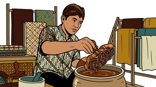Javanese artisan man making traditional Indonesian batik fabric illustration. EPS Editable