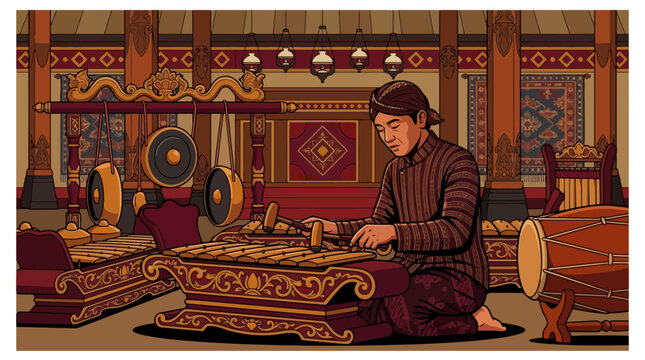 Javanese man in traditional attire playing gamelan instrument illustration. EPS Editable