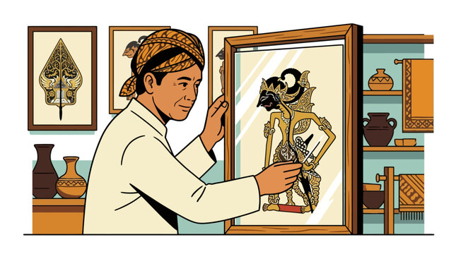 Javanese man in traditional blangkon examining framed wayang kulit shadow puppet art illustration. EPS Editable