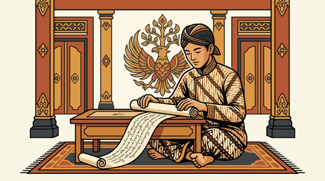 Javanese man in traditional batik clothing reading ancient scroll in joglo house illustration. EPS Editable