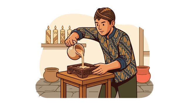 Illustration of a Javanese man in traditional clothing pouring liquid into a mold. EPS Editable