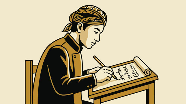 Illustration of a Javanese man in traditional clothing writing Javanese script on a scroll at a wooden desk. EPS Editable